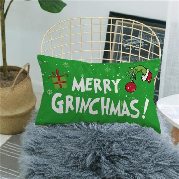 Green Christmas Decor Pillow Cover Christmas Cushion Cover Linen 12 x 20 Inches